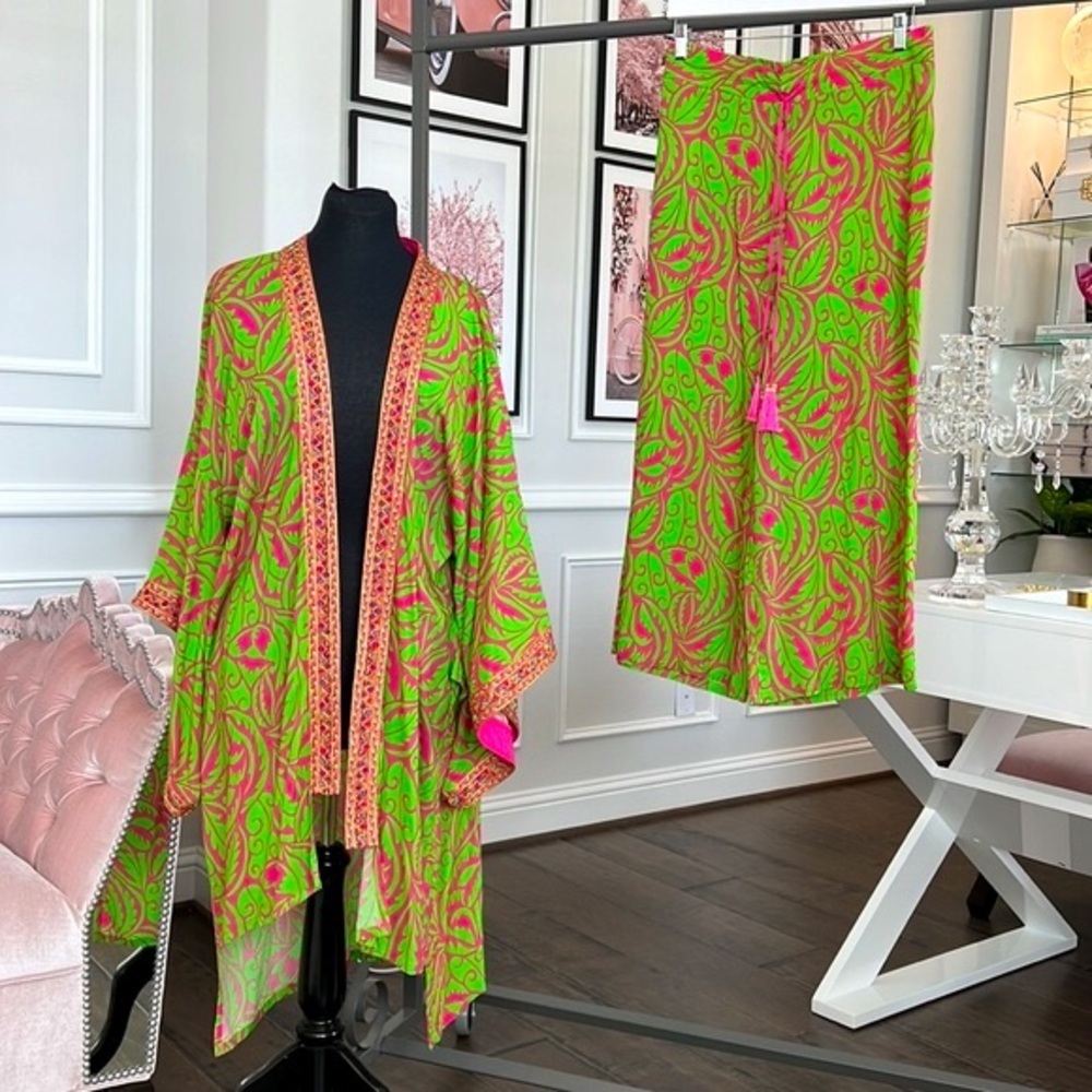 DESIGNER SET SIZE M Green Leaf Print Midi Viscose Kimono with Embroidery…